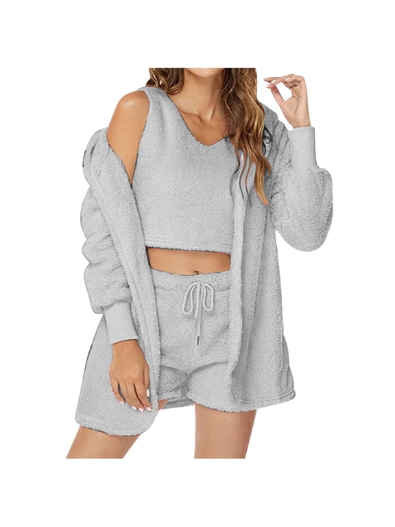 Women's 3 Piece Pajamas Sexy Fuzzy Fleece Warm Hoodie Cardigans Jacket & Crop Tank Top & Shorts Loungewear Sets
