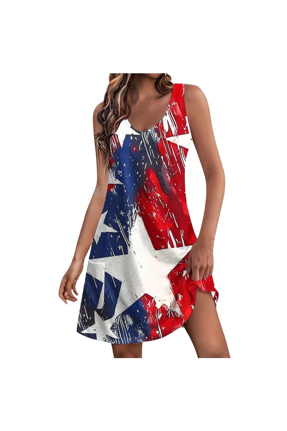 Women's 4th of July Dress American Flag Sleeveless Print V Neck Mini Dresses Patriotic Sundress with Pockets