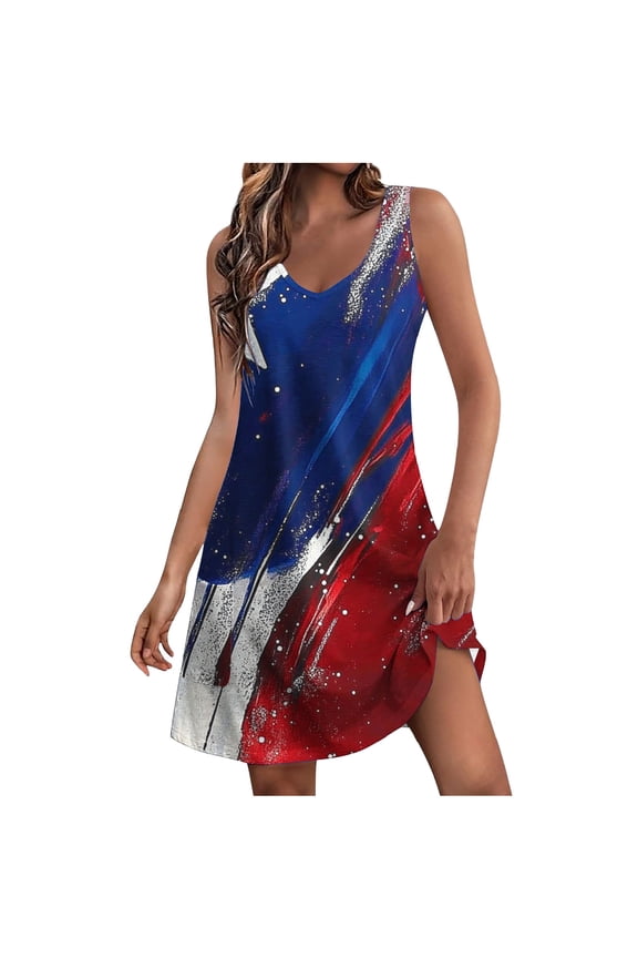 Women's 4th of July Dress American Flag Sleeveless Print V Neck Mini Dresses Patriotic Sundress with Pockets