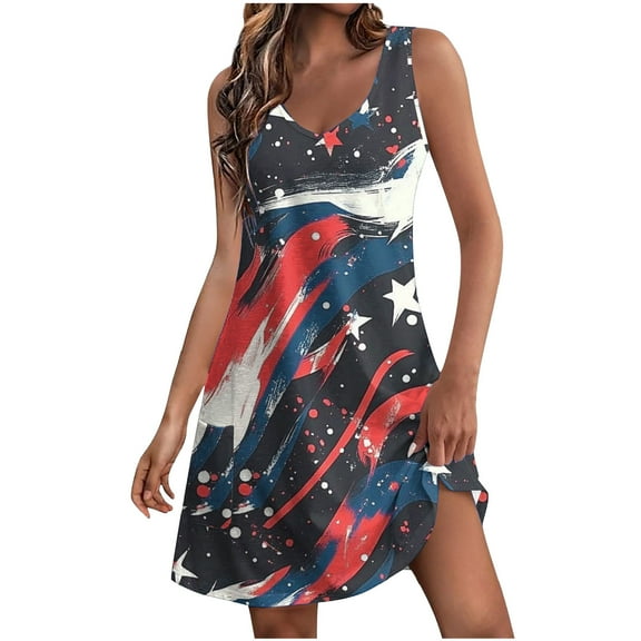 Oplxuo Women's 4th of July Dress American Flag Sleeveless Print V Neck Mini Dresses Patriotic Sundress with Pockets
