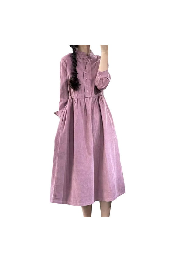 Women's Baggy Corduroy Babydoll Dress Vintage Stand Collar A-Line Tiered Maxi Long Dress with Pockets