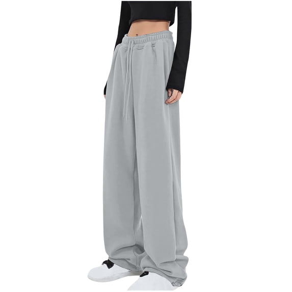 Oplxuo Women's Baggy Drawstring Sweatpants - Fall Winter Casual Wide Leg Mid-Waist Track Pants with Pockets