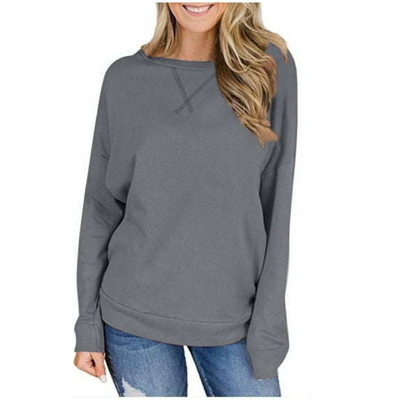 Oplxuo Women's Basic Crewneck Sweatshirts With Pockets 2025 Fall Clothes Solid Color Long Sleeve Loose Casual Pullover Tops
