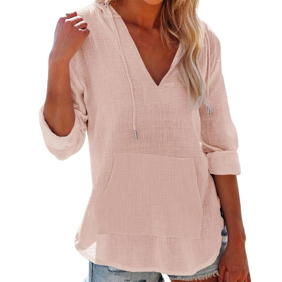 Oplxuo Women's Beach Cover Up Hoodies Sweatshirt Long Sleeve V Neck Pocketed Hooded Shirt Top