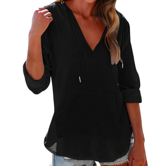 Oplxuo Women's Beach Cover Up Hoodies Sweatshirt Long Sleeve V Neck Pocketed Hooded Shirt Top