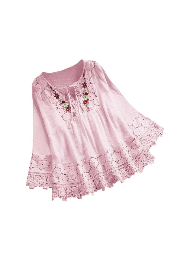 Women's Boho Embroidered Tops 3/4 Sleeve Mexican Peasant Shirts Plus Size Tunic Blouses Linen Pullover