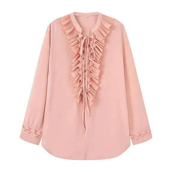 Oplxuo Women's Boho Ruffle Trim Tie Front Top Chiffon Shirt Long Sleeve Chifffon Blouse Tunic Tops