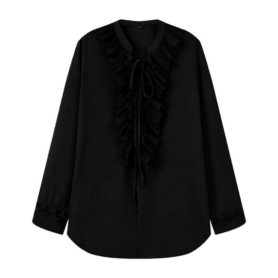 Oplxuo Women's Boho Ruffle Trim Tie Front Top Chiffon Shirt Long Sleeve Chifffon Blouse Tunic Tops