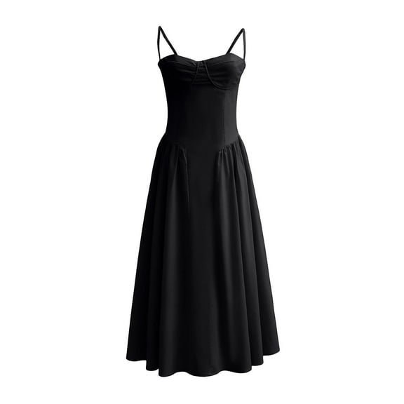 Oplxuo Women's Bustier Corset Dress Elegant Spaghetti Strap Flowy Pleated Hem Low Cut Midi Cocktail Prom Dresses