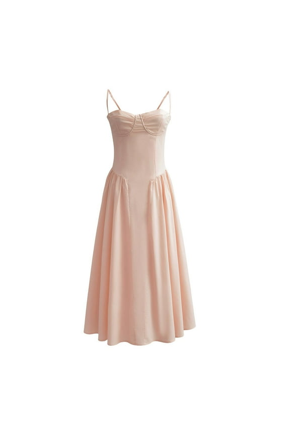 Women's Bustier Corset Dress Elegant Spaghetti Strap Flowy Pleated Hem Low Cut Midi Cocktail Prom Dresses
