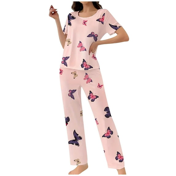 Oplxuo Women's Butterfly Printed Summer Pajamas Sets - Loose Crewneck Short Sleeve Sleepwear Long Pants 2 Piece Pjs Loungewear