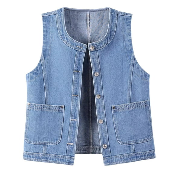 Oplxuo Women's Button Down Denim Vest Summer Sleeveless Tank Tops Crew Neck Slim Fit Jean Shirt Jacket Waistcoat with Pockets