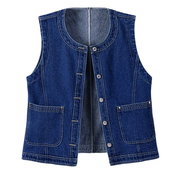 Oplxuo Women's Button Down Denim Vest Summer Sleeveless Tank Tops Crew Neck Slim Fit Jean Shirt Jacket Waistcoat with Pockets
