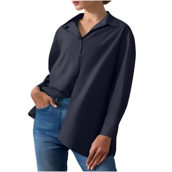 Oplxuo Women's Button Down Shirts with Back Button Slit, Classic Long Sleeve Loose Lapel Blouse Dressy Business Casual Tops