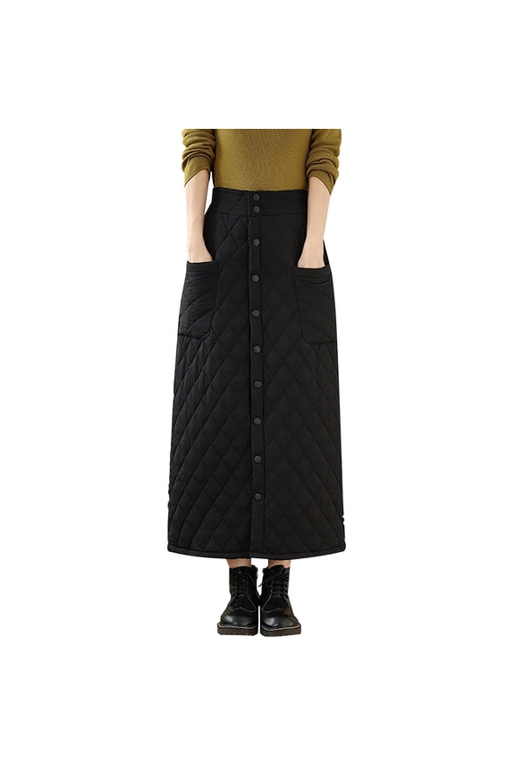 Women's Button Front Winter Quilted Skirt, Elastic High Waisted Insulated Thicken Warm Maxi Down Skirts with Pockets