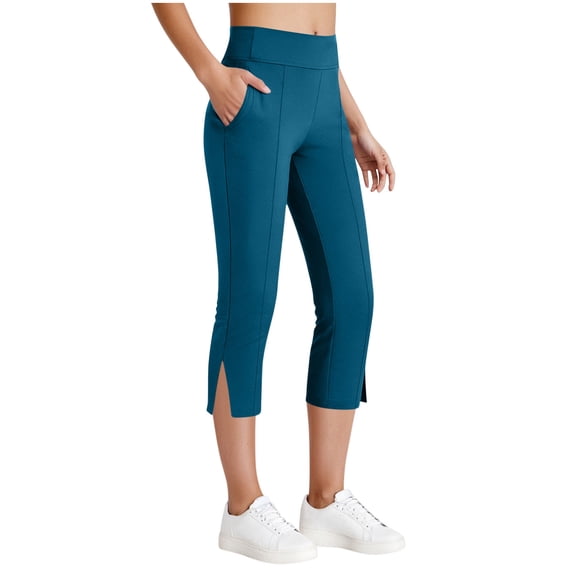 Oplxuo Women's Capri Pants Dress Yoga Work Capri Slacks Stretch Office Casual Pant High Waisted Slit Hem Pant with Pocket