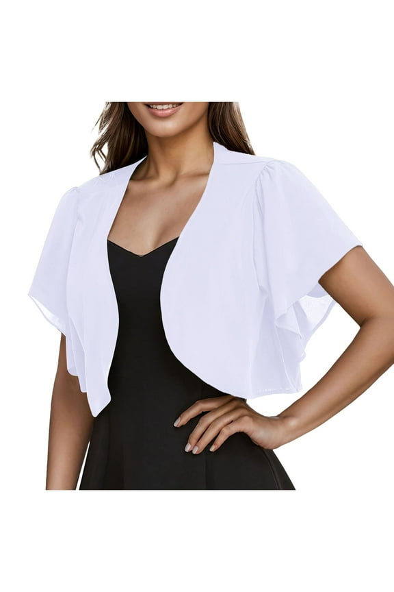 Women's Cardigan Ruffle Short Sleeve Open Front Loose Sheer Jackets for Tops