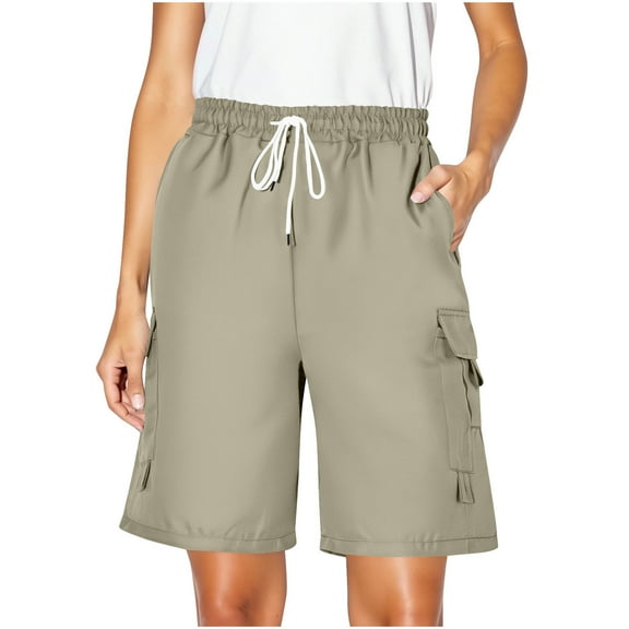 Oplxuo Women's Casual Cargo Shorts with Pockets Elastic High Waist Drawstring Bermuda Shorts for Women