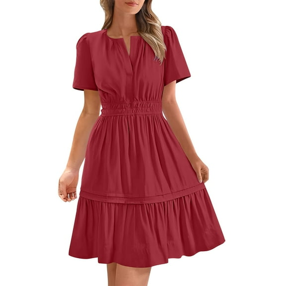 Oplxuo Women's Casual Dresses 2025 Summer Spring V Neck Short Sleeve Sundress Smocked Waist A Line Tiered Mini Dress