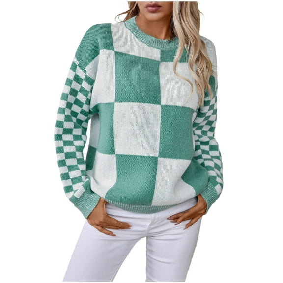 Oplxuo Women's Checkerboard Crewneck Knit Sweater Fall Winter Casual Long Sleeve Pullover Graphic Loose Jumpers Tops