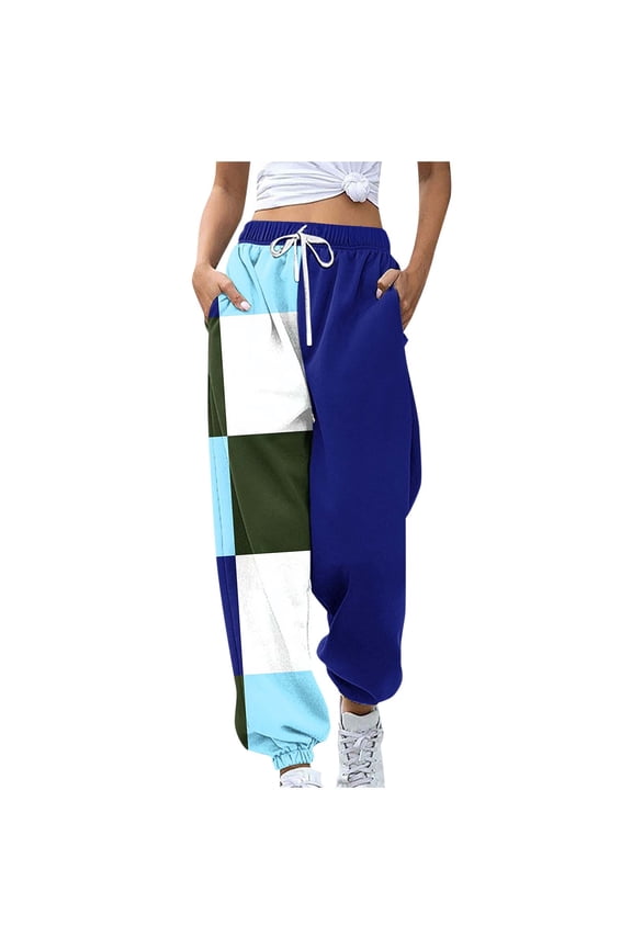 Women's Chic Colorblock Drawstring Sweatpants - Loose Elastic Waist Joggers Baggy Lounge Track Pants with Pockets