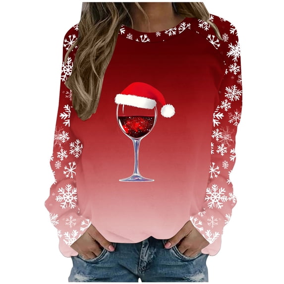 Oplxuo Women's Christmas Holiday Sweatshirt Plaid Splicing Long Sleeve Shirt Xmas Santa Hat Graphic Blouse Tshirt Tops
