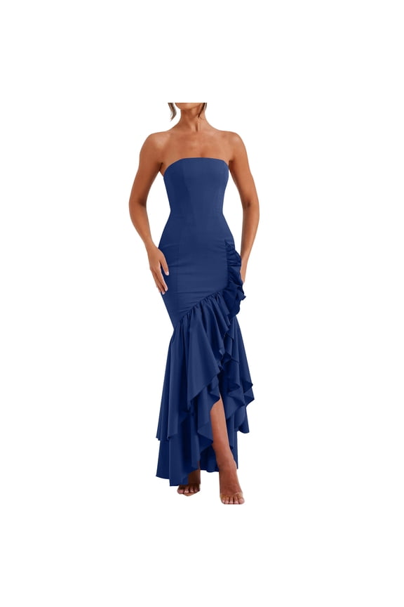 Women's Cocktail Party Dresses Strapless Bodycon Maxi Dress Ribbed Sexy High Split Mermaid Prom Dresses