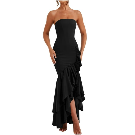 Oplxuo Women's Cocktail Party Dresses Strapless Bodycon Maxi Dress Ribbed Sexy High Split Mermaid Prom Dresses