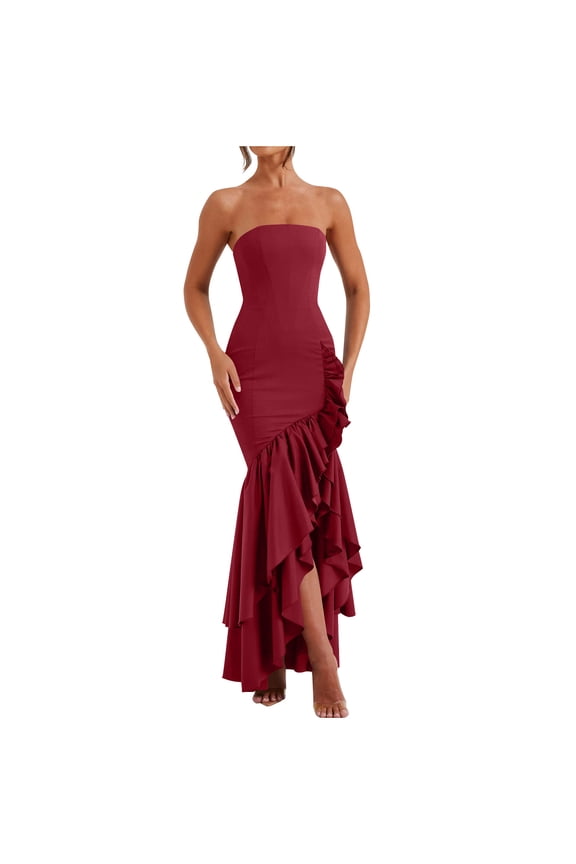 Women's Cocktail Party Dresses Strapless Bodycon Maxi Dress Ribbed Sexy High Split Mermaid Prom Dresses