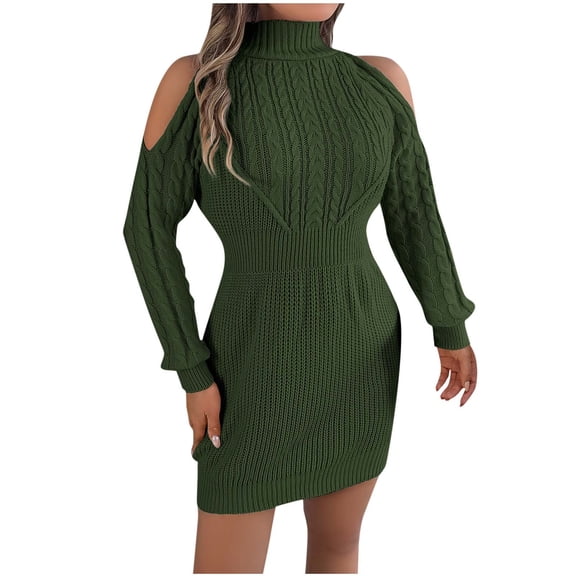 Oplxuo Women's Cold Shoulder Sweater Dress, Sexy Turtleneck Fall Winter Long Sleeve Cable Knit Bodycon Mini Dresses