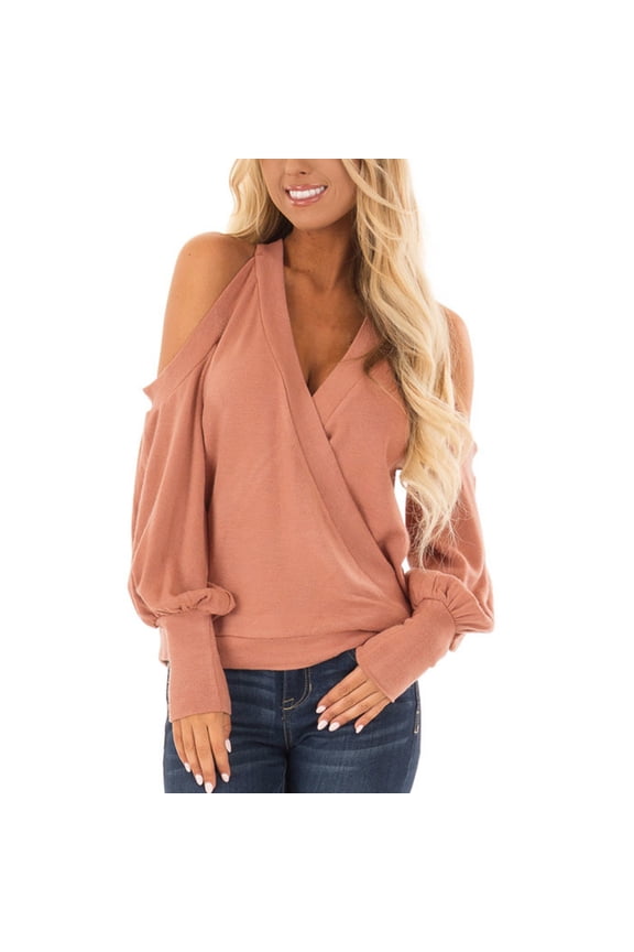 Women's Cold Shoulder Wrap Tops 2025 Fall Sexy Deep V Neck Puff Long Sleeve Solid Dressy Blouse Shirts