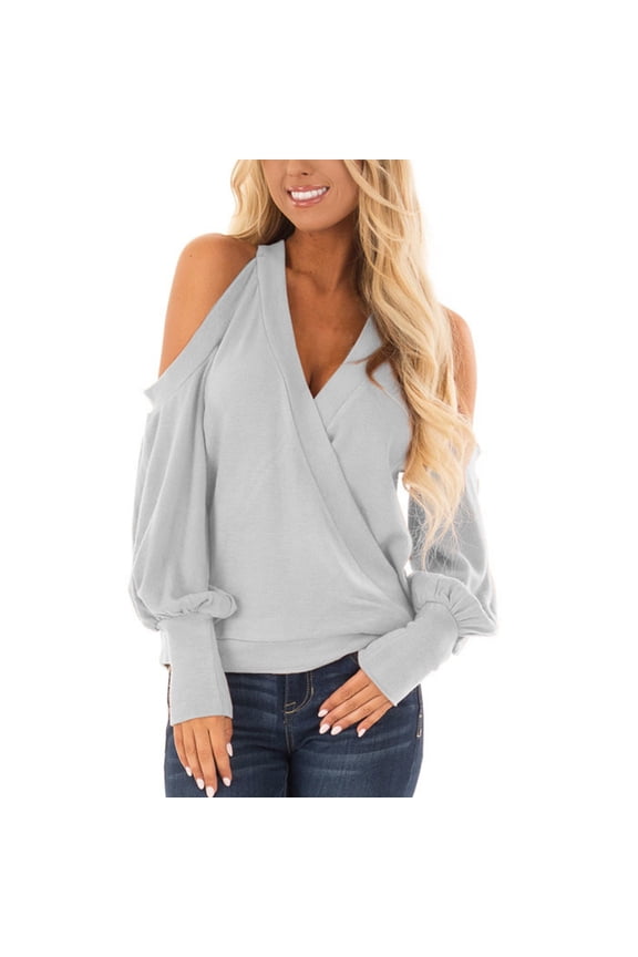 Women's Cold Shoulder Wrap Tops 2025 Fall Sexy Deep V Neck Puff Long Sleeve Solid Dressy Blouse Shirts