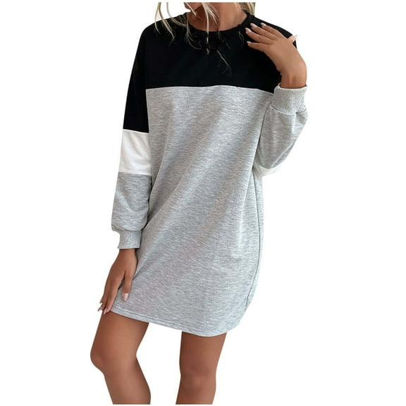 Oplxuo Women's Color Block Pullover Sweatshirt Dress, Loose Crewneck Casual Long Sleeve Tunic Mini Dresses