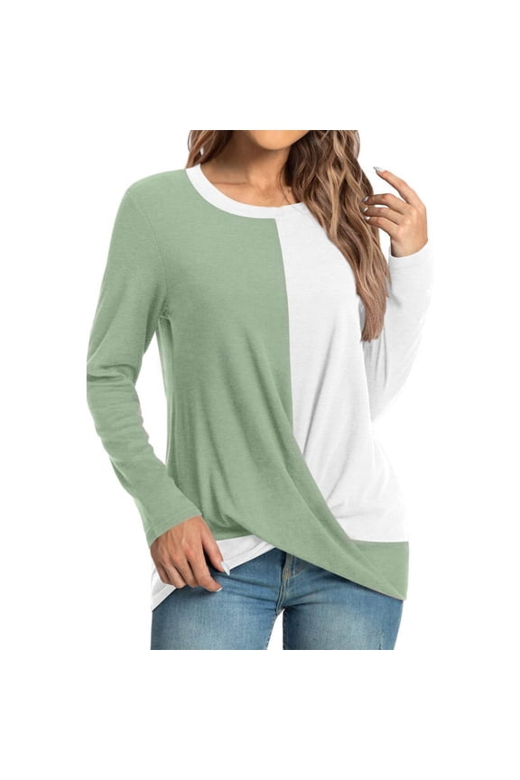 Women's Color Block Tops Long Sleeve T Shirts Dressy Twist Knot Front Tunic Blouse Ladies 2025 Fall Fashion