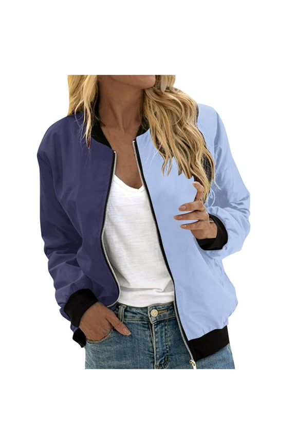 Women's Colorblock Casual Zip Up Varsity Jackets Long Sleeve Coat 2025 Fall Outerwear with Pockets