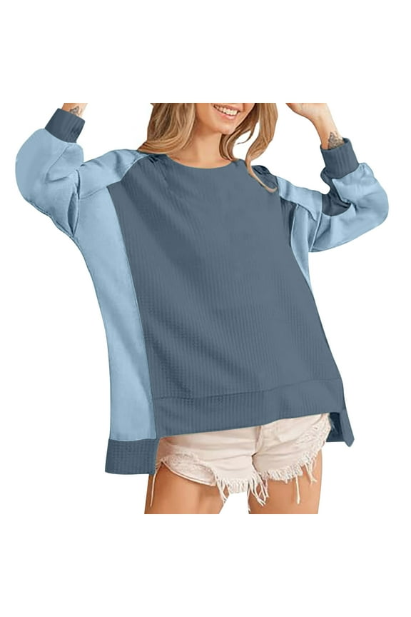Women's Colorblock High Low Sweatshirt Fall Pullover Long Sleeve Tops Casual Loose Fit Crewneck Tunic T-Shirts