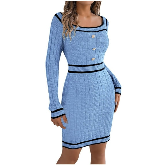 Oplxuo Women's Colorblock Square Neck Pullover Sweater Dress, Casual Long Sleeve Cable Knit Elegant Bodycon Mini Dresses