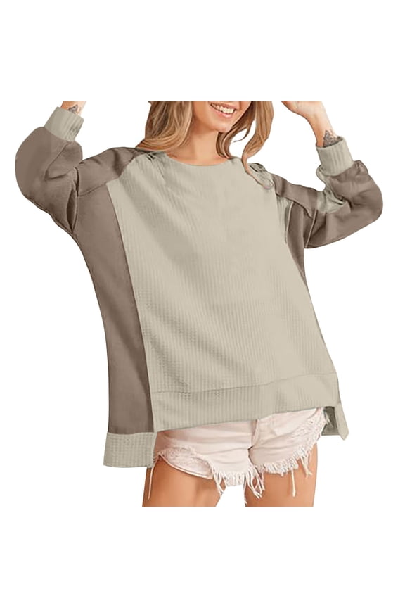 Women's Colorblock Sweatshirt Fall Pullover Long Sleeve Tops Casual Loose Fit Crewneck Tunic High Low T-Shirt