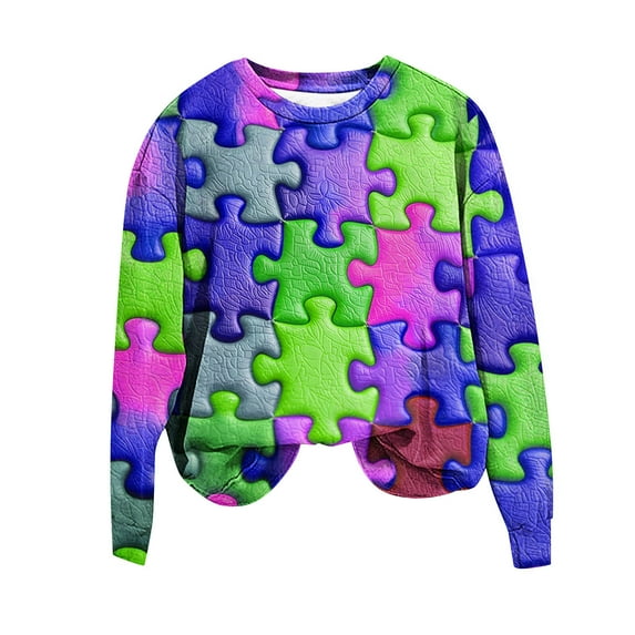 Oplxuo Women's Colour Jigsaw Puzzle Long Sleeve Tops Casual Loose Fit Crewneck Sweater 2024 Fall Pullover Tunic Shirts