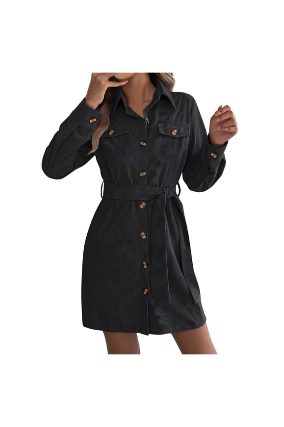 Women's Corduroy Long Sleeve Short Dresses Fall Winter Button Down Work Tunic Dress with Pocket