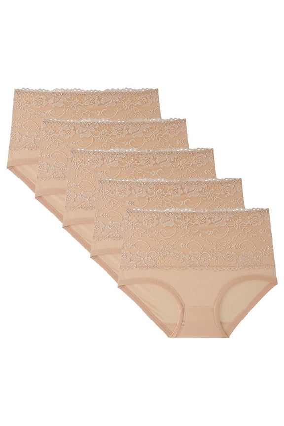 Women's Cotton Underwear High Waisted Tummy Control Panties Full Coverage Briefs Jacquard Ladies Panty 5 Pack