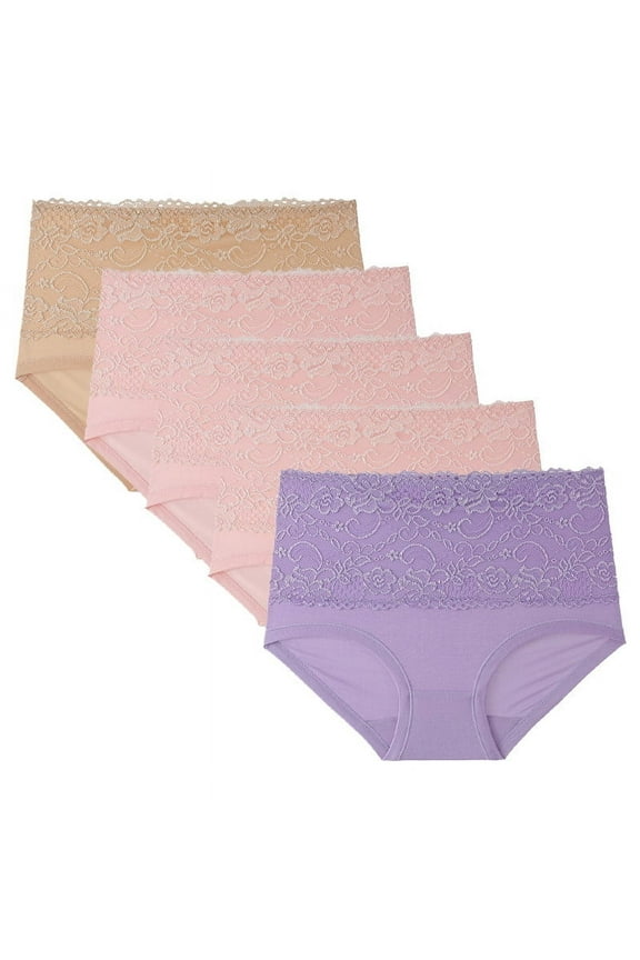 Women's Cotton Underwear High Waisted Tummy Control Panties Full Coverage Briefs Jacquard Ladies Panty 5 Pack