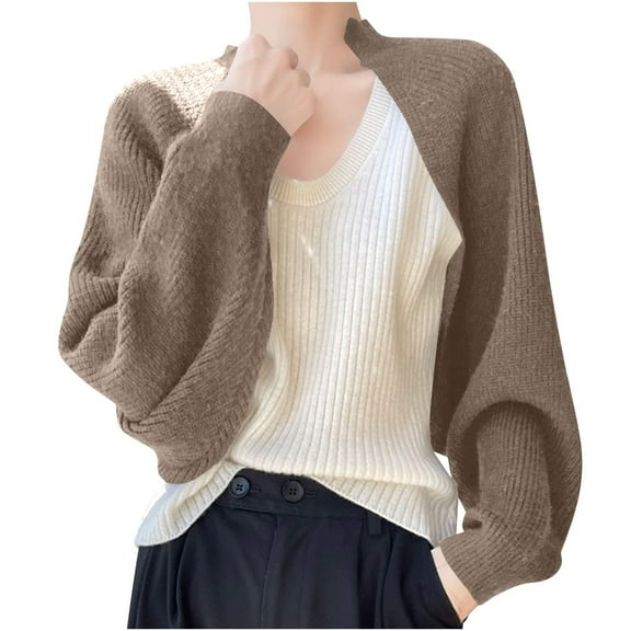 Oplxuo Women's Cropped Cardigan Sweaters Comfy Lantern Long Sleeve Open Front Bolero Shrugs Casual Knitted Tops