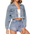 thumbnail image 1 of Oplxuo Women's Cropped Denim Jacket | Distressed Button-Down Jean Jacket | Long Sleeve Ripped & Frayed Blue Coat, 1 of 6