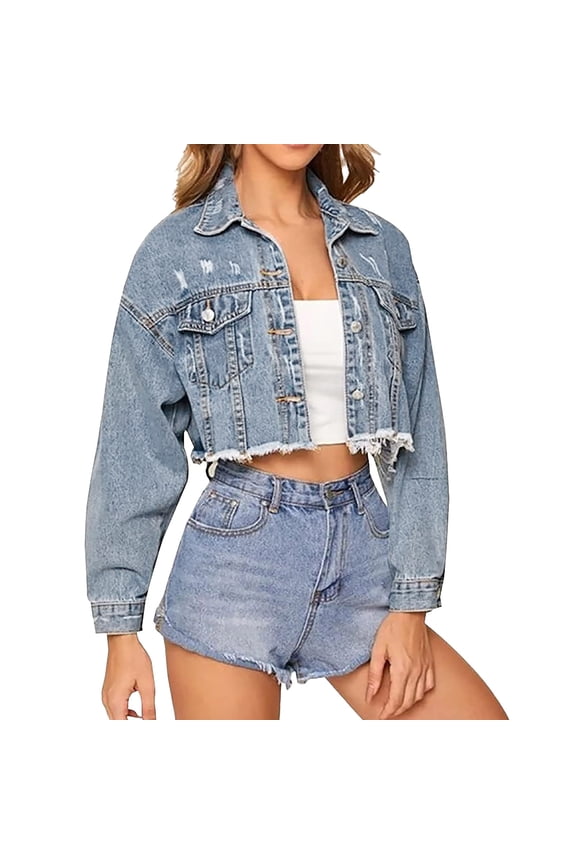 Women's Cropped Denim Jacket | Distressed Button-Down Jean Jacket | Long Sleeve Ripped & Frayed Blue Coat