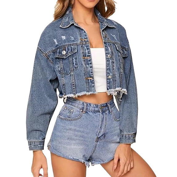 Oplxuo Women's Cropped Denim Jacket | Distressed Button-Down Jean Jacket | Long Sleeve Ripped & Frayed Blue Coat