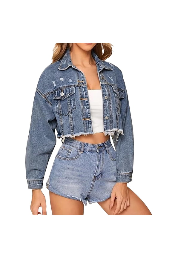Women's Cropped Denim Jacket | Distressed Button-Down Jean Jacket | Long Sleeve Ripped & Frayed Blue Coat