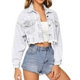 thumbnail image 1 of Oplxuo Women's Cropped Denim Jacket | Distressed Button-Down Jean Jacket | Long Sleeve Ripped & Frayed Blue Coat, 1 of 7