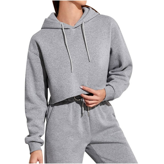 Oplxuo Women's Cropped Hoodies Sweatshirts Casual Basic Long Sleeve Pullover Solid Color Loose Y2K Fall Clothes