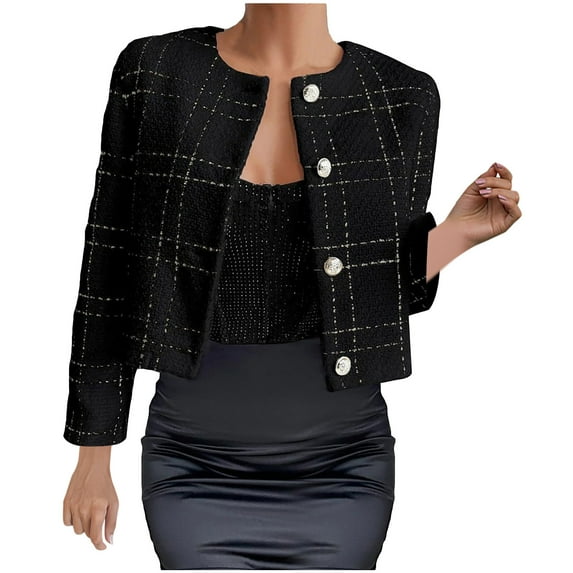 Oplxuo Women's Cropped Tweed Jackets, Dressy Long Sleeve Business Button Down Casual Open Front Short Blazer